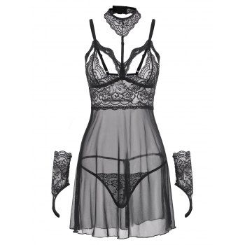 

Choker Lace Insert Lingerie Dress with One Finger Gloves, Black