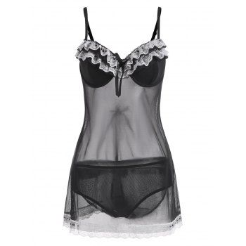 

Lace Mesh Bowknot Back Slit Padded Lingerie Dress, Black