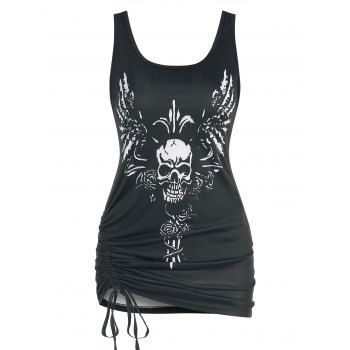 

Gothic Skull Flower Wing Print Cinched Tank Top, Black