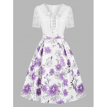 

Floral Print Lace Insert Lace-up Dress, Light purple
