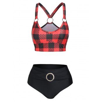 

Tummy Control Tankini Swimwear Cropped Plaid Print O Ring High Waisted Beach Swimsuit, Black