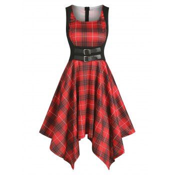 

Vintage Plaid Print Buckle Asymmetric Handkerchief Dress, Multicolor