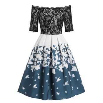 

Lace Insert Off Shoulder Butterfly Print Dress, Blue