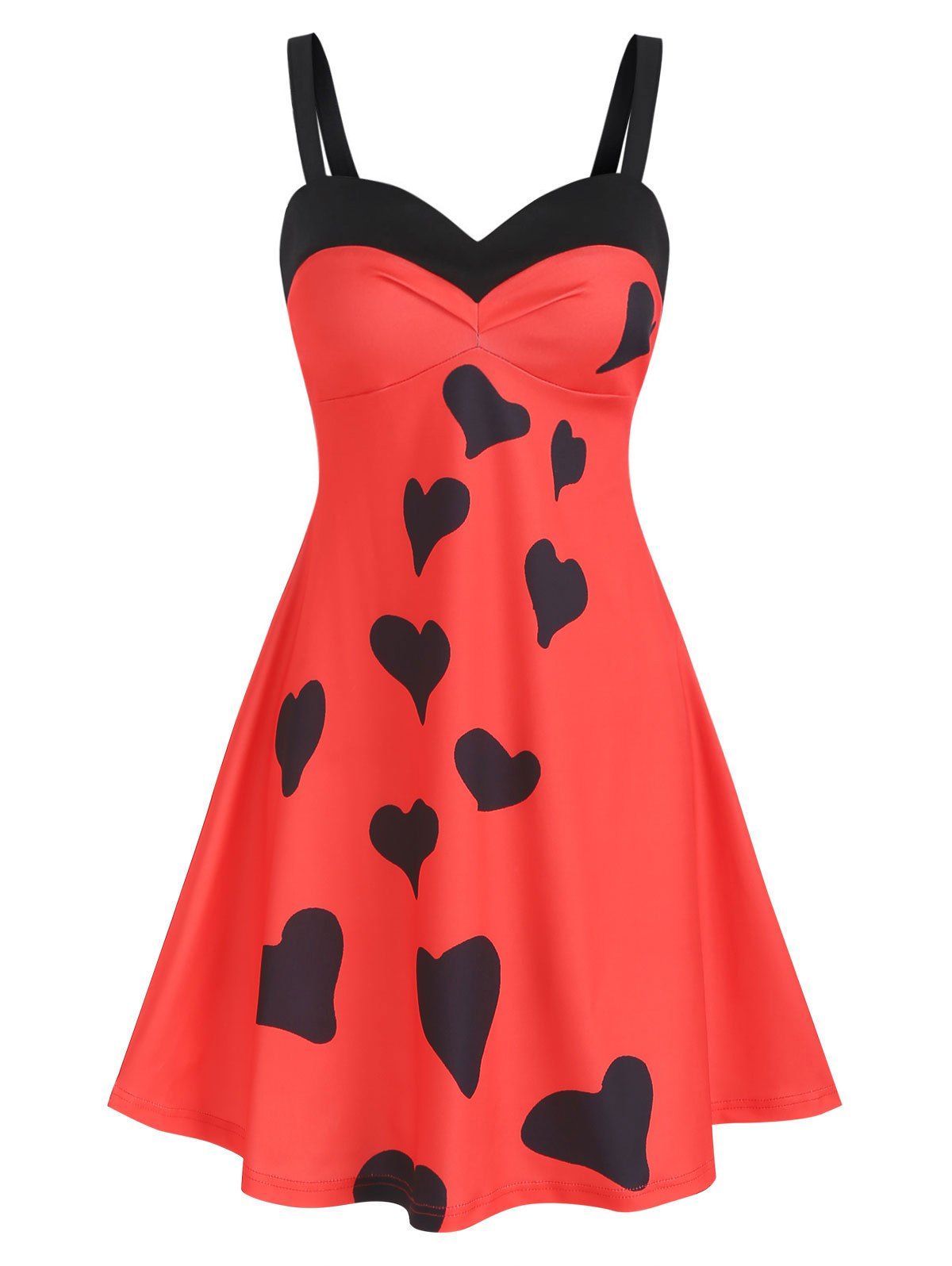 Contrast Heart Print A Line Dress - RED XXL