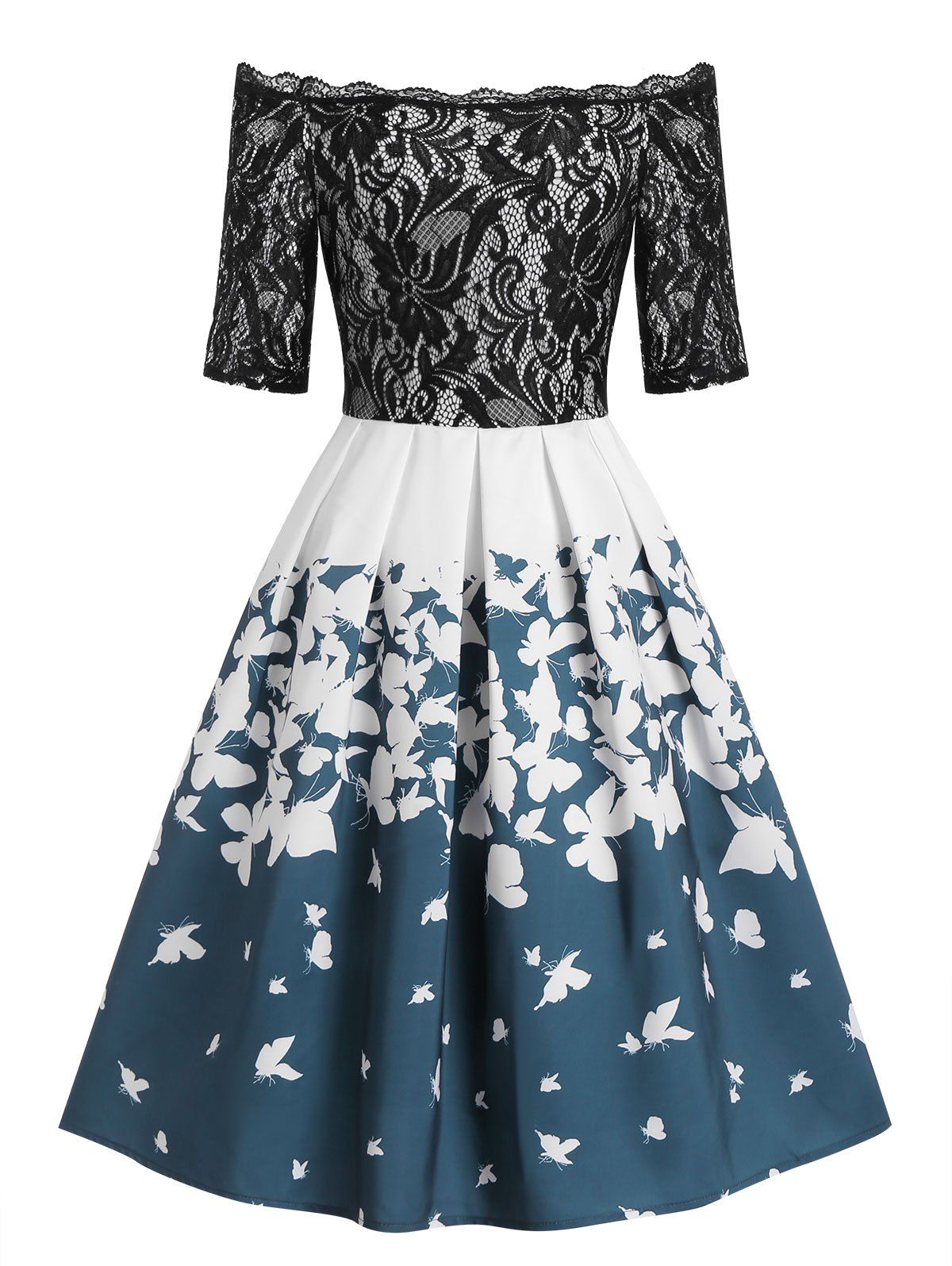 Lace Insert Off Shoulder Butterfly Print Dress - BLUE L