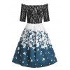 Lace Insert Off Shoulder Butterfly Print Dress - BLUE 2XL