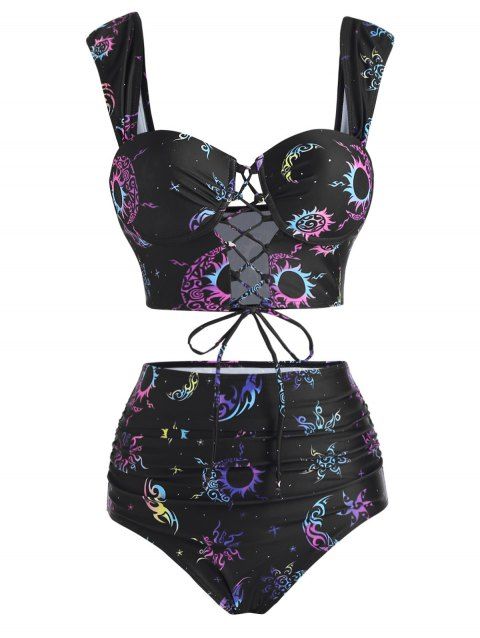 Vintage Tanknini Swimsuit Sun Moon Print Lace Up Cut Out Ruched High Waist Bottom Push Up Underwire Swimwear