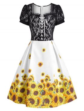Sunflower Print Fit And Flare Dress Flower Lace Insert Lace-Up Short Sleeve Dress