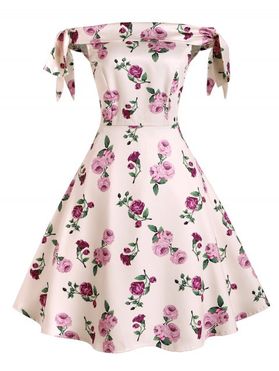 Off The Shoulder Dress Floral Polka Dot Print Mini Dress Bowknot Tie Foldover A Line Dress