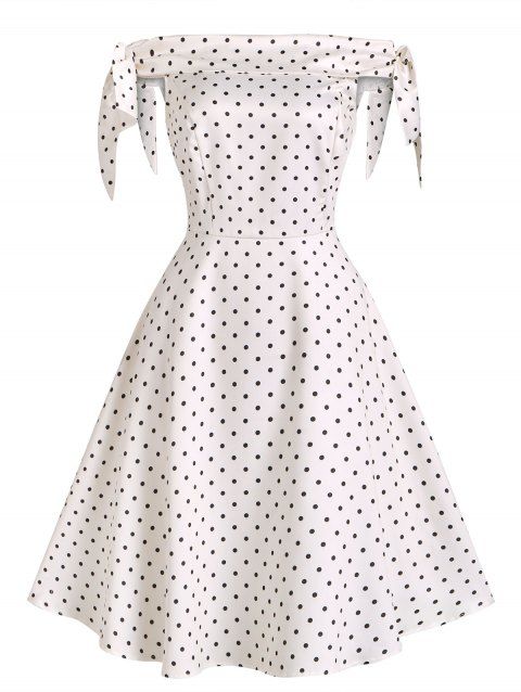 Off The Shoulder Dress Floral Polka Dot Print Mini Dress Bowknot Tie Foldover A Line Swing Dress