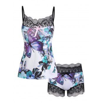 

Lace Panel Bowknot Butterfly Print Pajama Shorts Set, White