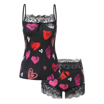 

Heart Lip Print Lace Insert Bowknot Pajama Shorts Set, Black