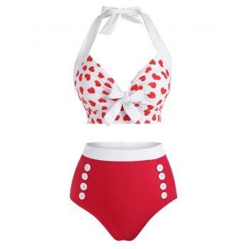 

Bowknot Heart Print Halter Cropped Tankini Swimwear, Red