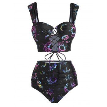 

Vintage Tanknini Swimsuit Sun Moon Print Lace Up Cut Out Ruched High Waist Bottom Push Up Underwire Swimwear, Black