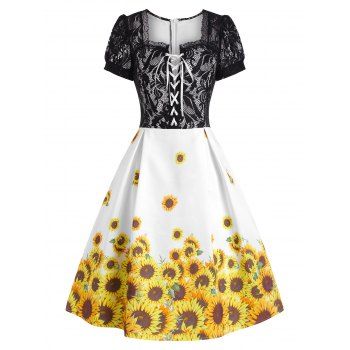

Sunflower Print Fit And Flare Dress Flower Lace Insert Lace-Up Short Sleeve Dress, Black