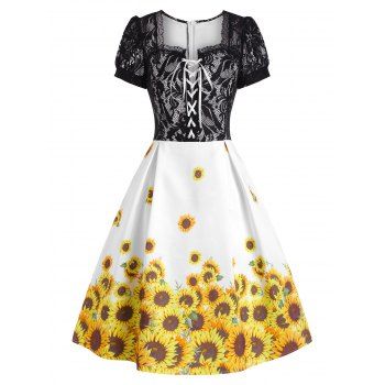 Sunflower Print Lace Insert Lace-up Dress dresslily imagine noua 2022