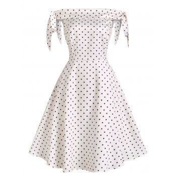 

Off The Shoulder Dress Floral Polka Dot Print Mini Dress Bowknot Tie Foldover A Line Swing Dress, White