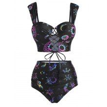 dresslily Vintage Swimsuit Sun Moon Print Lace Up Underwire Tanknini Swimwear