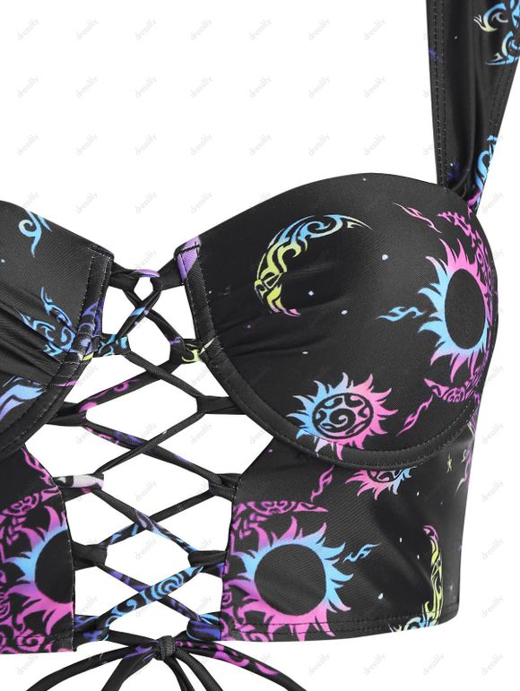 Maillot de Bain Vintage à Imprimé Lune et Soleil à Lacets avec Armature - Noir S