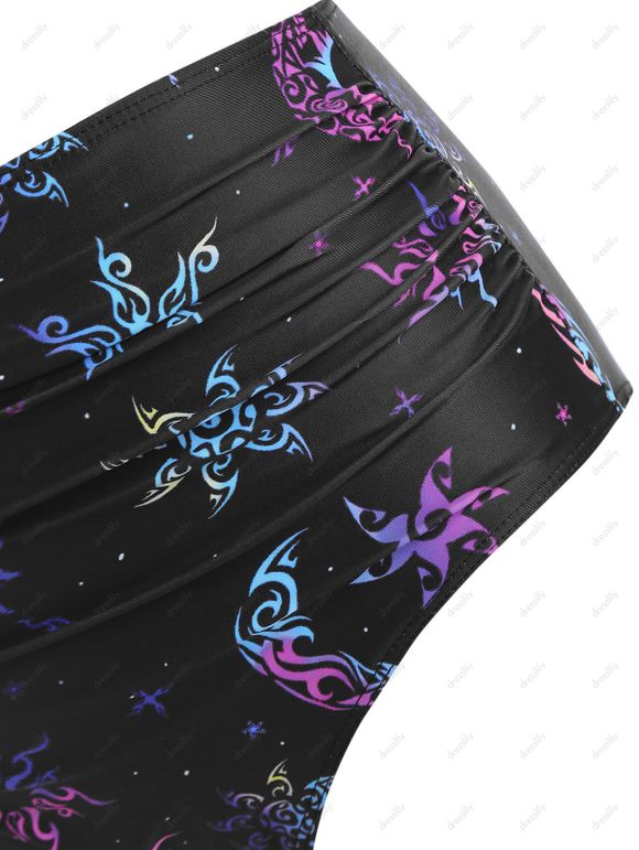 Maillot de Bain Vintage à Imprimé Lune et Soleil à Lacets avec Armature - Noir S