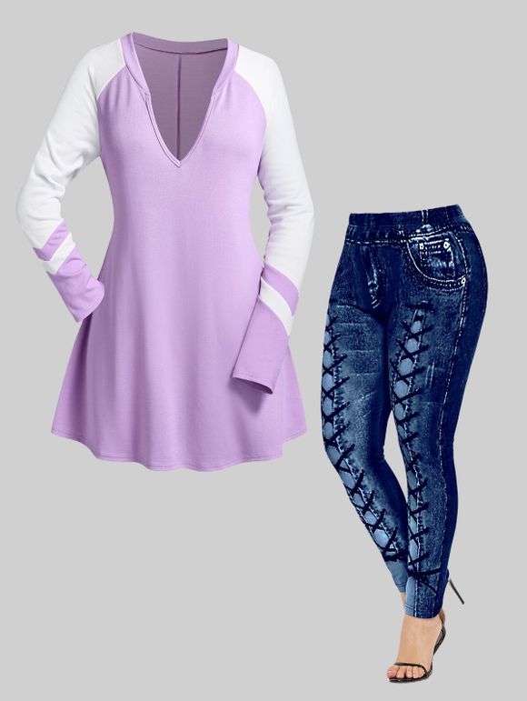 T-shirt Bicolore Coupe Basse de Grande Taille à Manches Raglan - Violet clair 5X