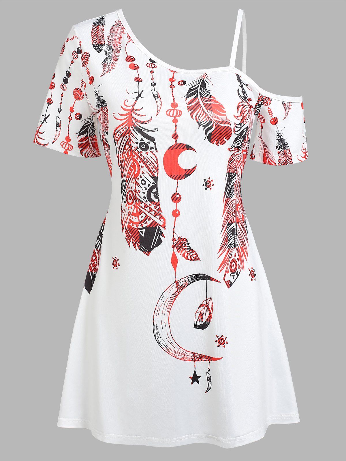 Feather Moon Print Cold Shoulder Tee - RED XXXL