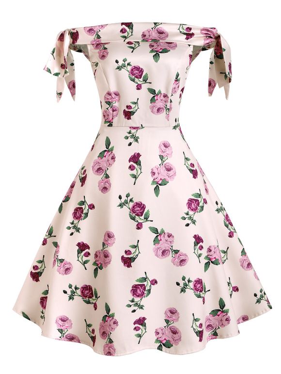 Off The Shoulder Dress Floral Polka Dot Print Mini Dress Bowknot Tie Foldover A Line Swing Dress - LIGHT PINK M