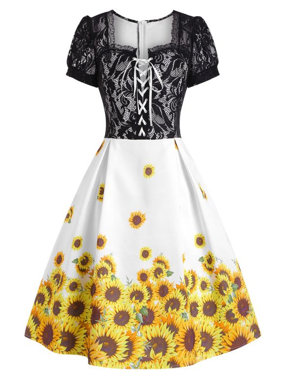 Sunflower Print Fit And Flare Dress Flower Lace Insert Lace-Up Short Sleeve Dress - BLACK L