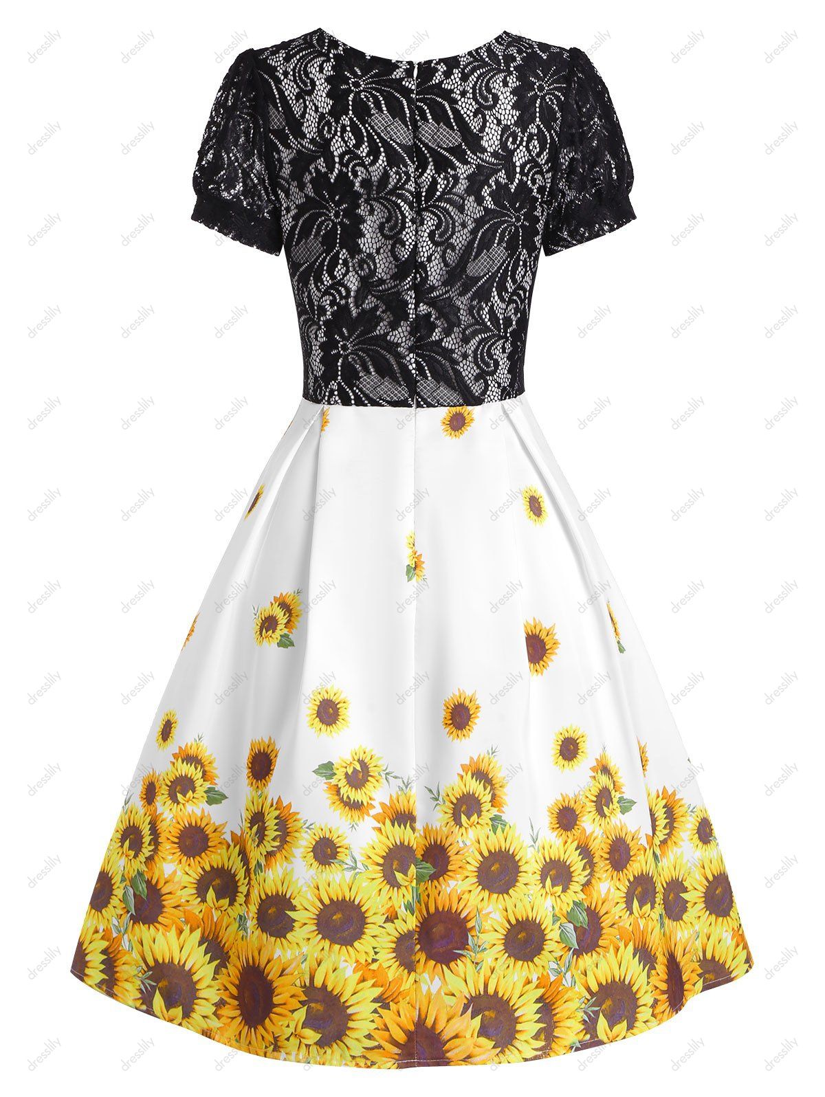 Sunflower Print Fit And Flare Dress Flower Lace Insert Lace-Up Short Sleeve Dress 