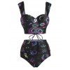 Vintage Tanknini Swimsuit Sun Moon Print Lace Up Cut Out Ruched High Waist Bottom Push Up Underwire Swimwear - multicolor XL