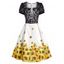 Sunflower Print Fit And Flare Dress Flower Lace Insert Lace-Up Short Sleeve Dress - BLACK L