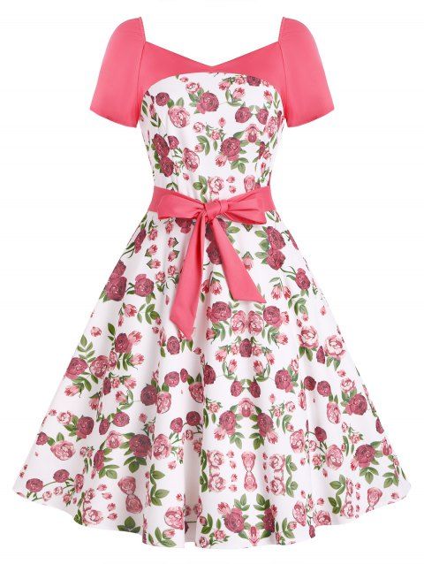 Floral Print Sweetheart Belted Dress