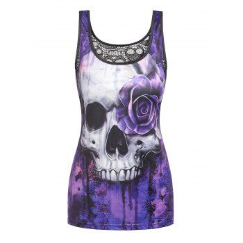 

Gothic Skull Rose Flower Print Lace Panel Tank Top, Light purple