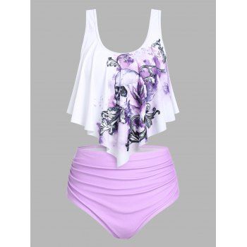 

Gothic Tummy Control Tankini Swimsuit Skull Ruched Swimwear Set, Light purple