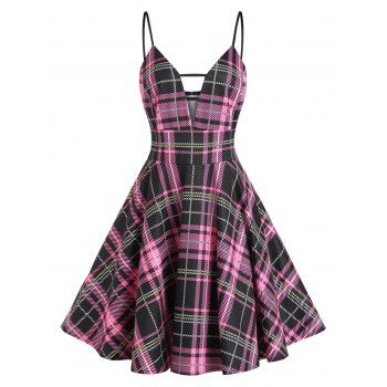 

Plus Size & Curve Dress Plaid Dress Ladder Cut Out Plunge Front Skater A Line Midi Dress, Light pink