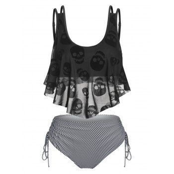 

Skull Mesh Stripe Print Padded Tankini Set, Black