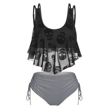 

Skull Mesh Stripe Print Padded Tankini Set, Black