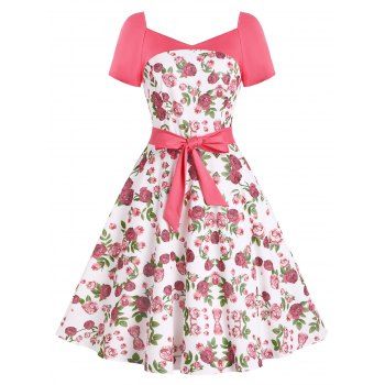 

Floral Print Sweetheart Belted Dress, Light pink