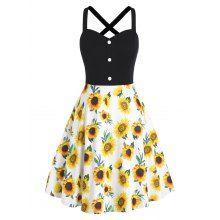 dresslily Plus Size Mock Button Sunflower Criss Cross Dress