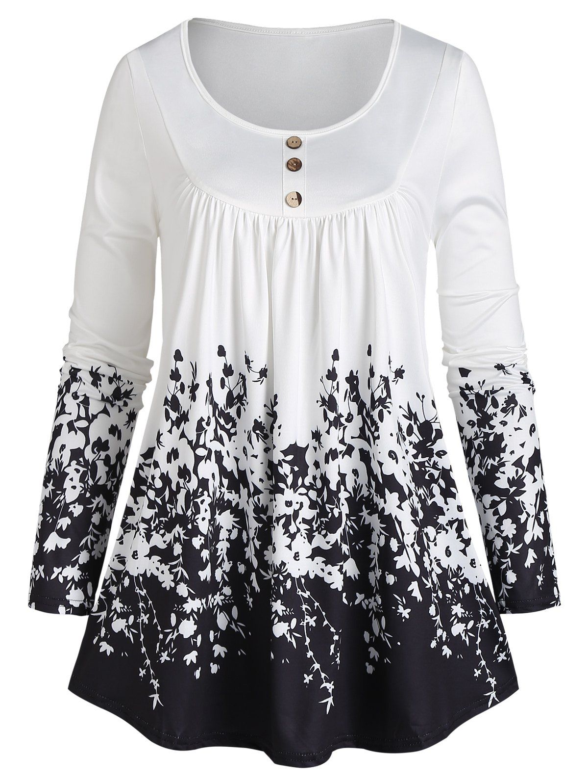 Ruched Button Front Floral Top - WHITE M