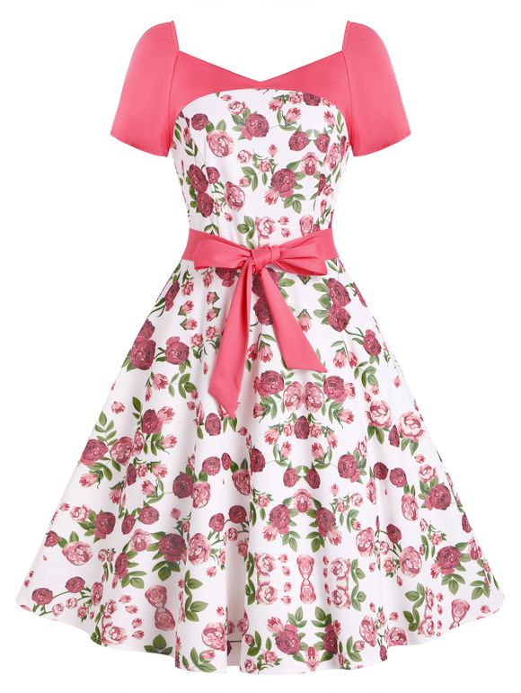 Floral Print Sweetheart Belted Dress - LIGHT PINK L