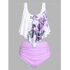 Tummy Control Tankini Swimsuit Gothic Swimwear Floral Skull Print Ruched Summer Beach Bathing Suit - LIGHT PURPLE M