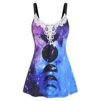 

Moon Galaxy Print Lace Tank Top, Blue