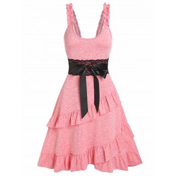 

Frilled Shoulder Straps A Line Dress Layered Flounce Heathered Dress Bowknot Lace Panel Dress, Light pink