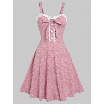 

Mock Button Bowknot Lace Heathered Fit And Flare Dress, Light pink