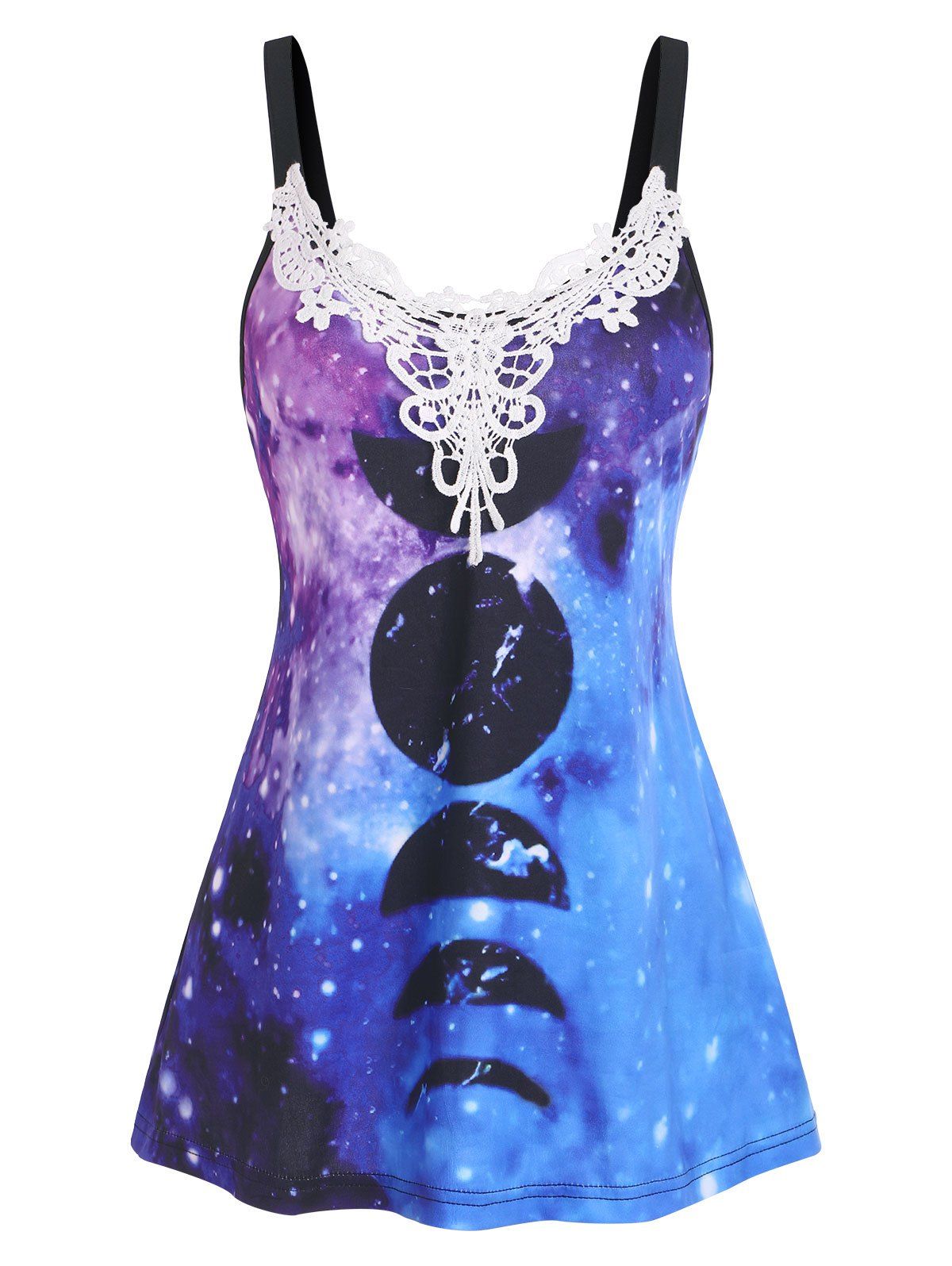 Moon Galaxy Print Lace Tank Top - BLUE L