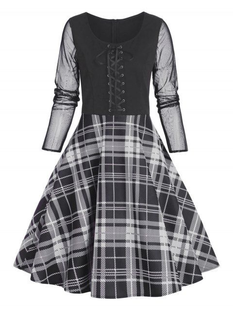 Plaid Print Fit And Flare Dress Lace Up Mesh Long Sleeve Mini Dress Back Zipper Casual Dress