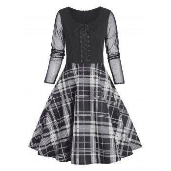 

Plaid Print Fit And Flare Dress Lace Up Mesh Long Sleeve Mini Dress Back Zipper Casual Dress, Black
