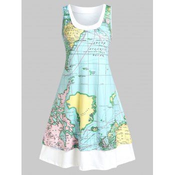 

Sleeveless World Map Print Trapeze Dress, Light blue