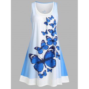 

Sleeveless Butterfly Print Sundress Knee Length Trapeze Dress, Light blue